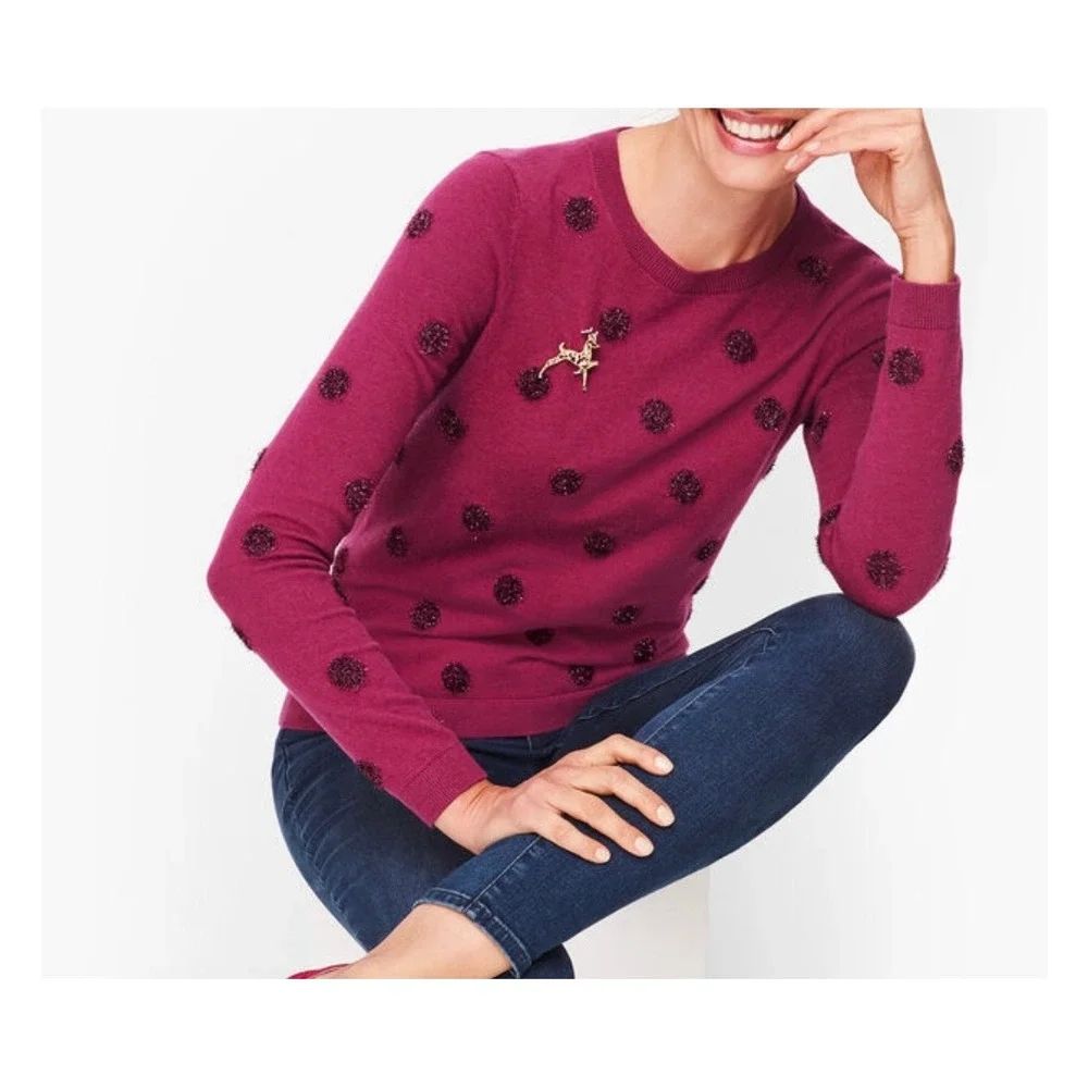 Talbots Petite Medium Wool Blend Sweater Fuchsia‎ Pink Metallic Polka Dot NWT